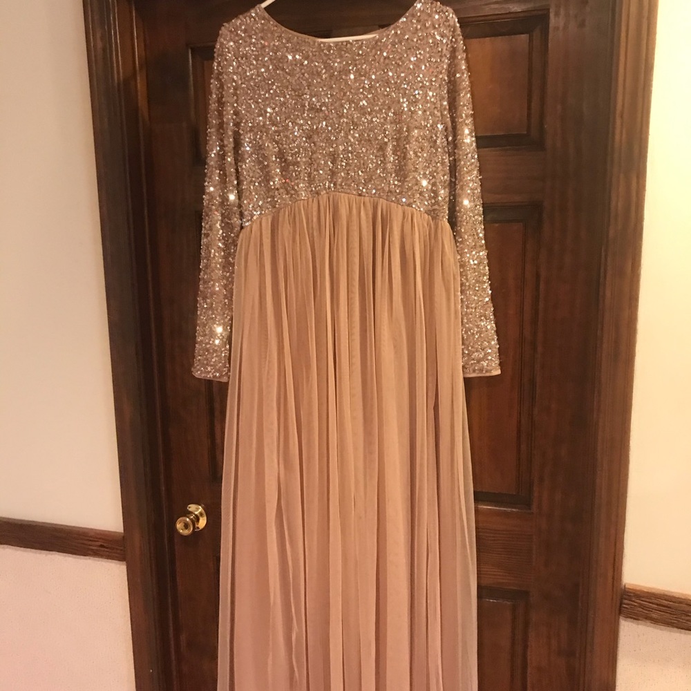 Blush colored sequin maternity dress